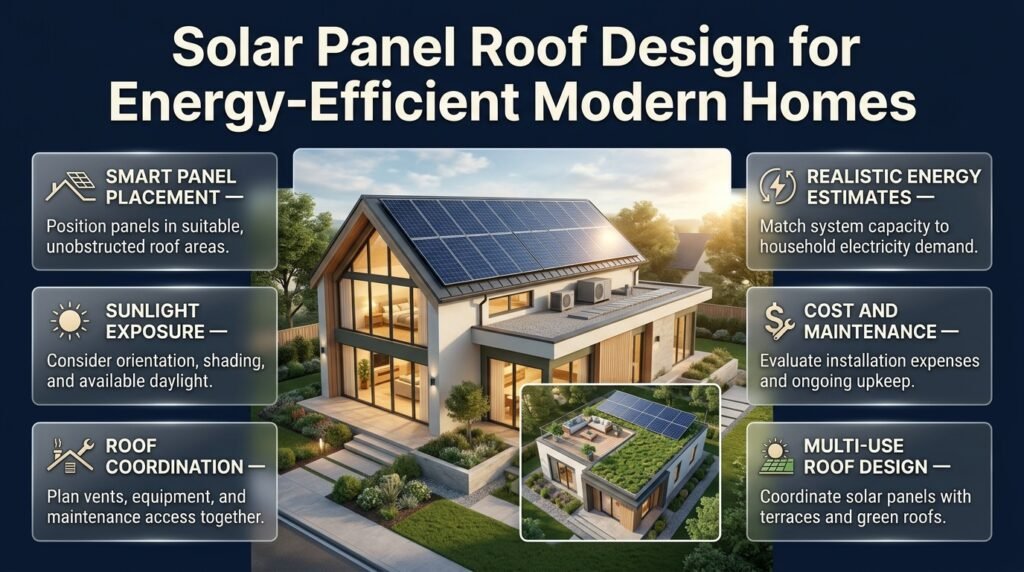Modern sustainable home with rooftop solar panels, smart roof planning, sunlight exposure, and coordinated green roof and terrace areas.