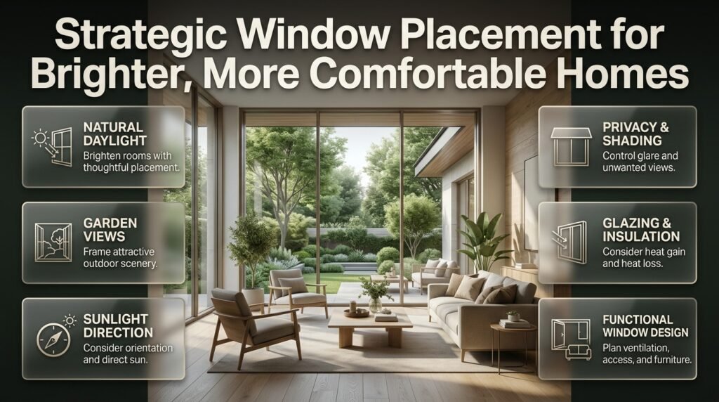 Strategic window placement in a modern home with garden views, natural daylight, external shading, privacy, and energy-conscious glazing.