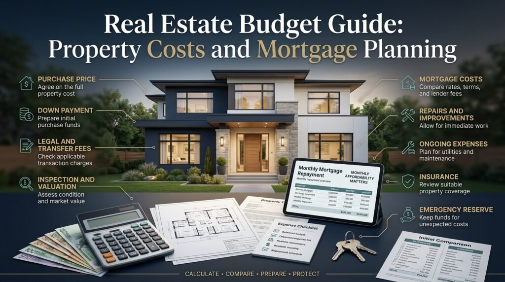 Real estate budgeting guide showing property purchase costs, down payment, legal fees, mortgage payments, repairs, insurance, and emergency savings.