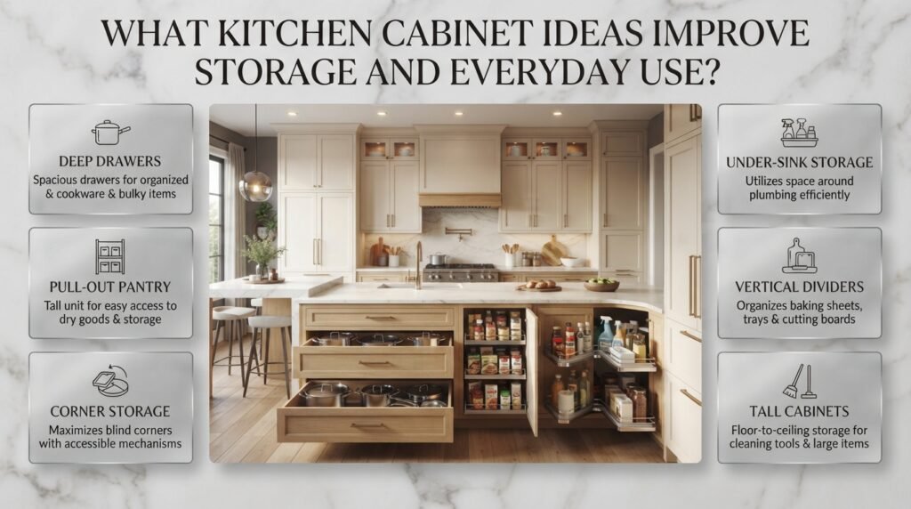 Kitchen cabinet storage ideas featuring deep drawers, pull-out pantry organizers, corner storage, under-sink bins, and vertical dividers.
