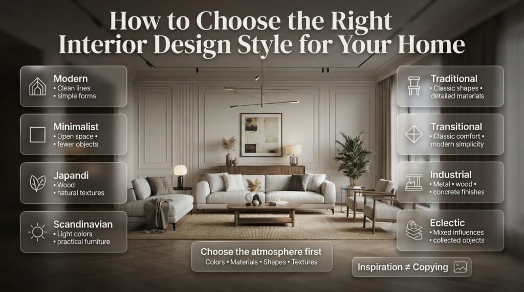 Interior design style guide comparing modern, Japandi, minimalist, Scandinavian, traditional, industrial, and eclectic home styles.