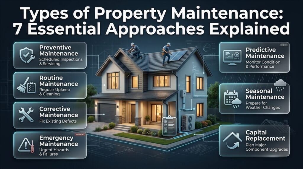 Property maintenance infographic showing seven types: preventive, routine, corrective, emergency, predictive, seasonal, and capital replacement.