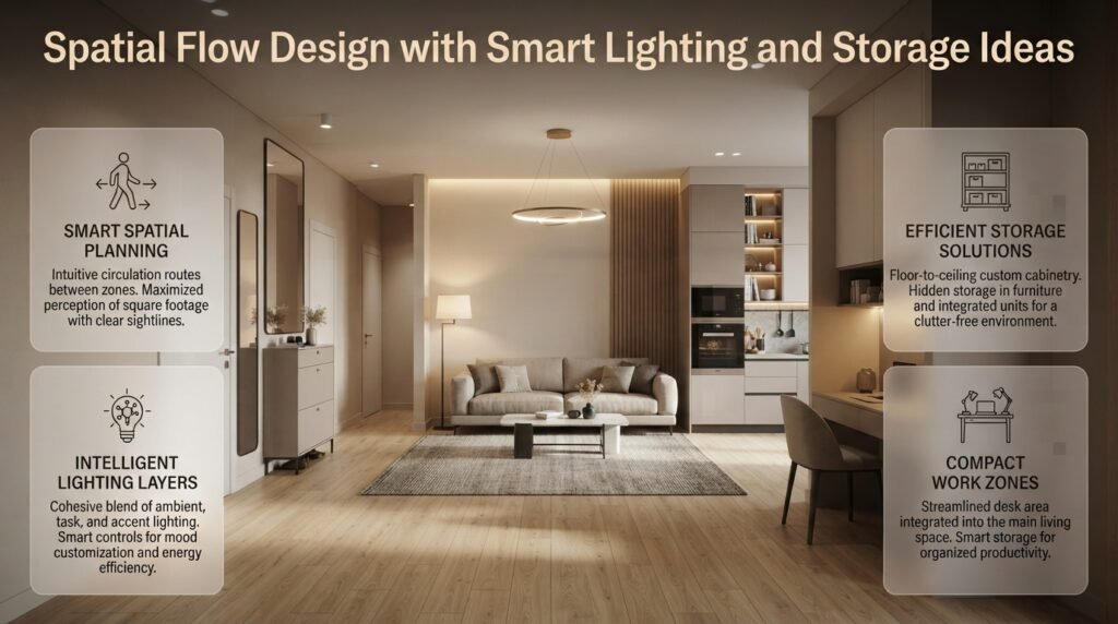 Spatial flow interior design with layered lighting, organized storage, clear walkways, and functional furniture for a comfortable home.