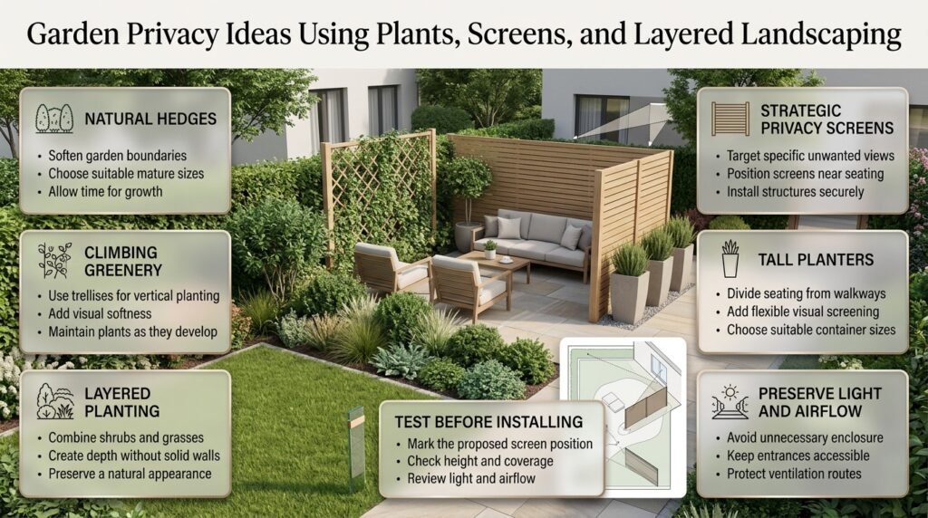 Garden privacy ideas featuring natural hedges, timber privacy screens, climbing plants on trellises, tall planters, and layered greenery around a cozy outdoor seating area.