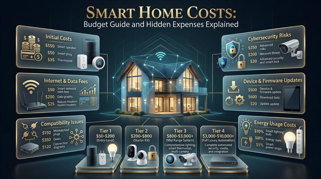 Smart home cost infographic showing budget tiers, smart devices, installation expenses, subscriptions, and whole-home automation investment ranges.