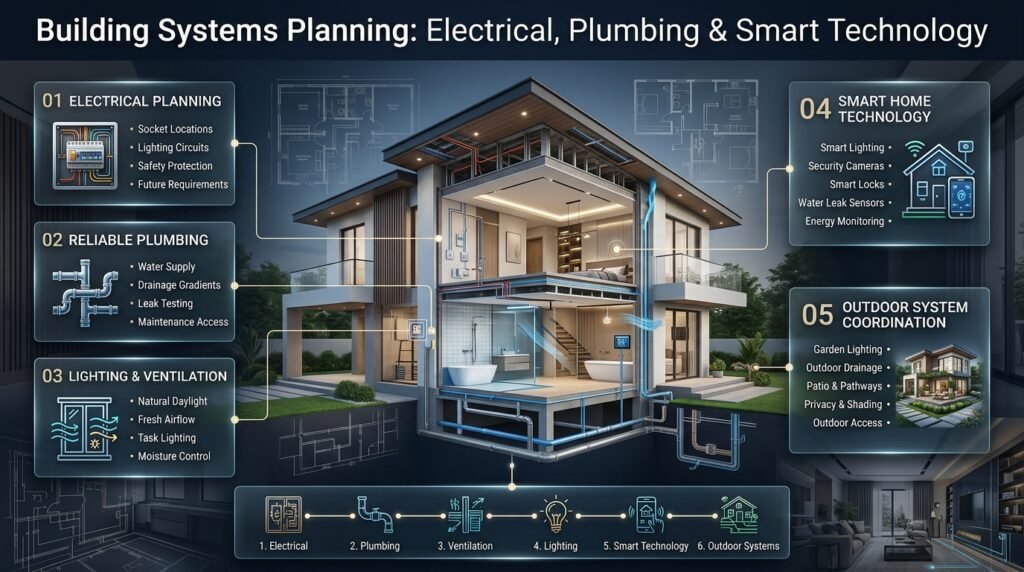 Building systems planning featuring electrical wiring, plumbing, lighting, ventilation, smart home technology, security, and outdoor integration.