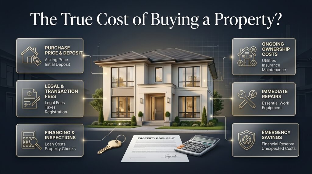 Modern residential property illustrating the true cost of buying a home, including purchase price, deposits, legal fees, financing, repairs, and ongoing maintenance expenses.