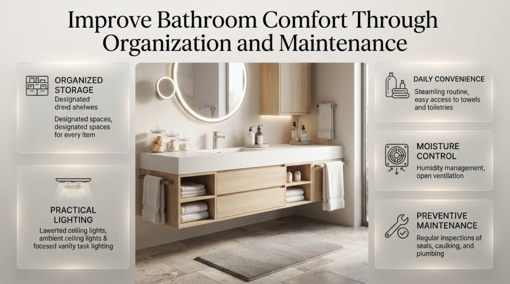Organized modern bathroom with clean countertops, mirror lighting, towel rails, storage cabinets, a nonslip bath mat, and moisture control.