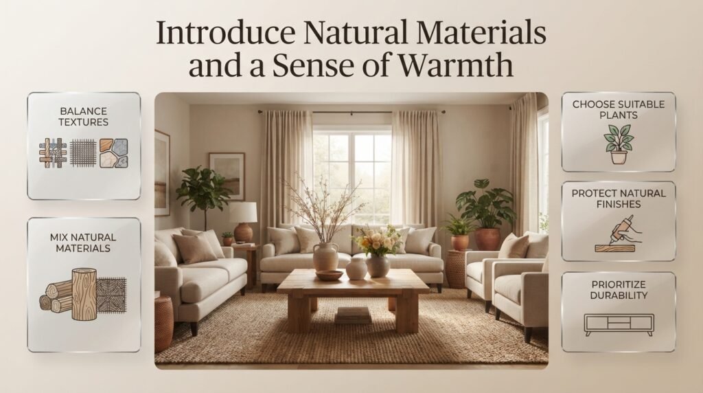 Warm interior design featuring natural wood, linen curtains, woven rugs, ceramic decor, indoor plants, and durable natural materials.