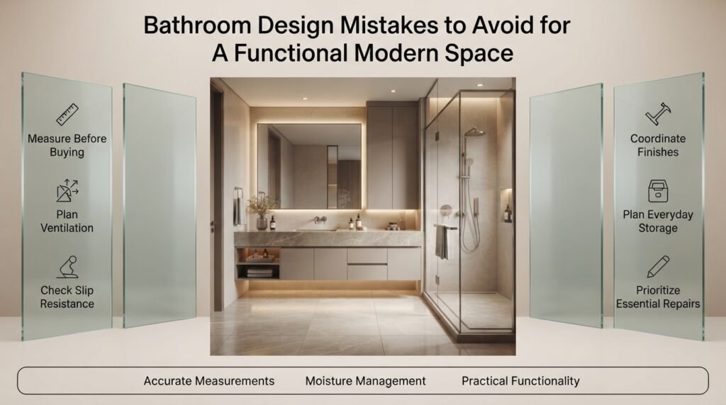 Bathroom design mistakes to avoid, including poor measurements, inadequate ventilation, slippery flooring, excessive finishes, and insufficient storage.