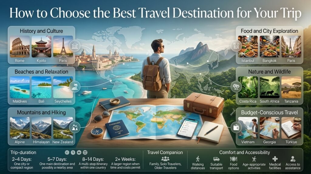 How to choose the best travel destination based on interests, budget, trip duration, and travel companions, with examples of beaches, cities, mountains, and wildlife.