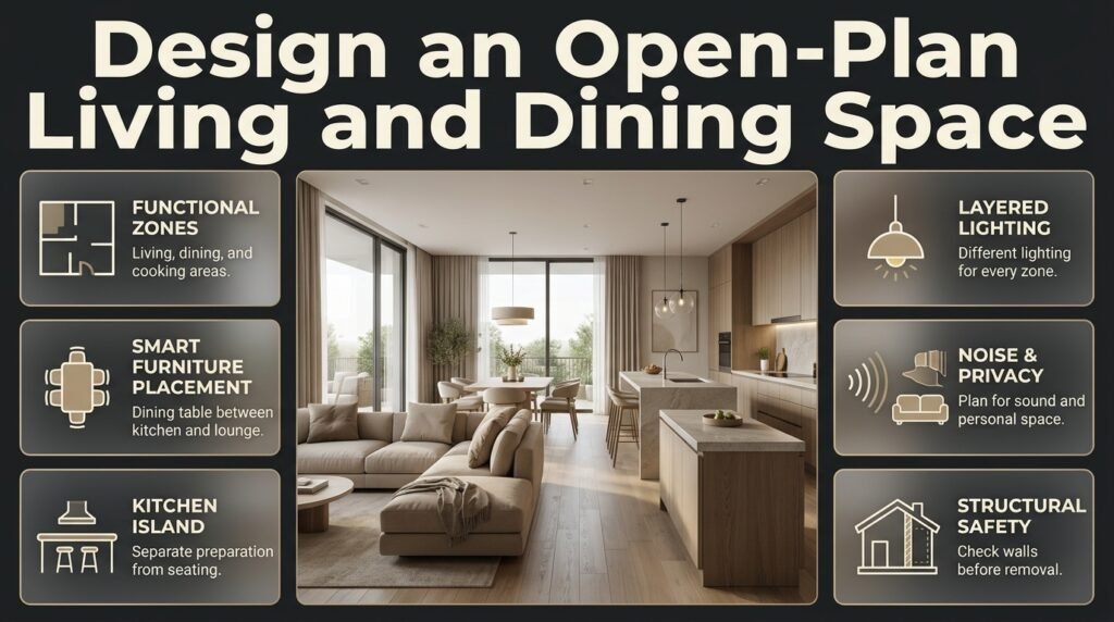 Open-plan living and dining space with a kitchen island, defined functional zones, layered lighting, and a spacious modern interior.