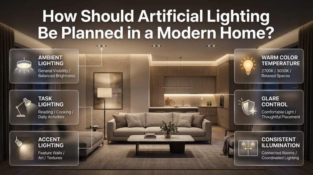 Modern home interior featuring layered artificial lighting, recessed ceiling lights, kitchen task lighting, warm floor lamps, and illuminated architectural features.