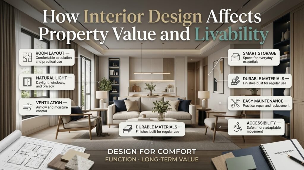 Interior design and property value infographic featuring practical room layouts, natural lighting, ventilation, storage, durable materials, and accessibility.