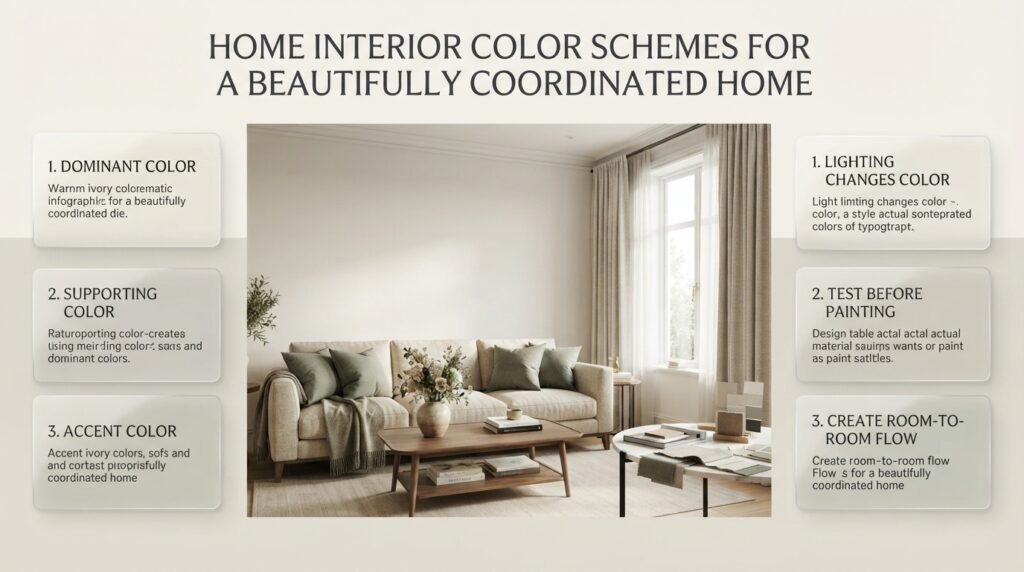 Home interior color schemes featuring warm white walls, a beige sofa, natural wood flooring, muted green accents, and coordinated decorative finishes.
