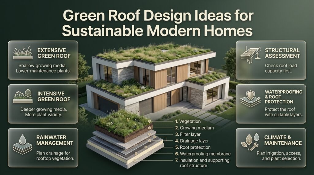 Green roof design featuring sustainable vegetation, drainage layers, waterproofing, native plants, and a modern home with a planted rooftop.
