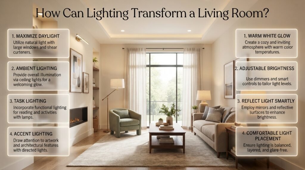 Living room lighting ideas featuring natural daylight, warm ambient lighting, a reading floor lamp, accent lights, and elegant modern interiors.