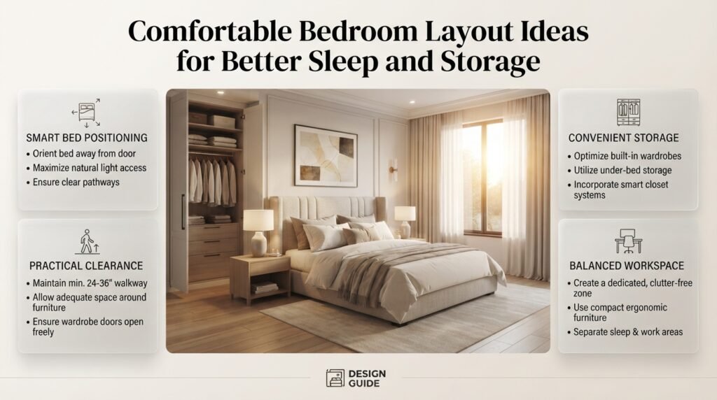 Comfortable bedroom layout with a well-positioned bed, accessible bedside tables, practical wardrobe clearance, and organized storage.