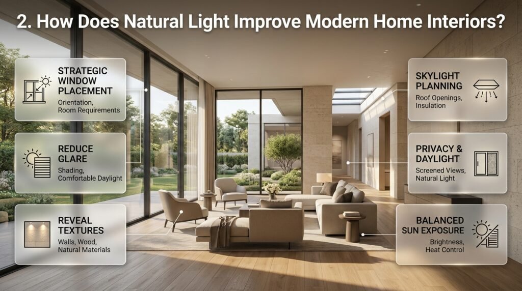 Modern home interior with expansive windows, natural daylight, a bright open-plan living room, architectural textures, and a contemporary skylight.