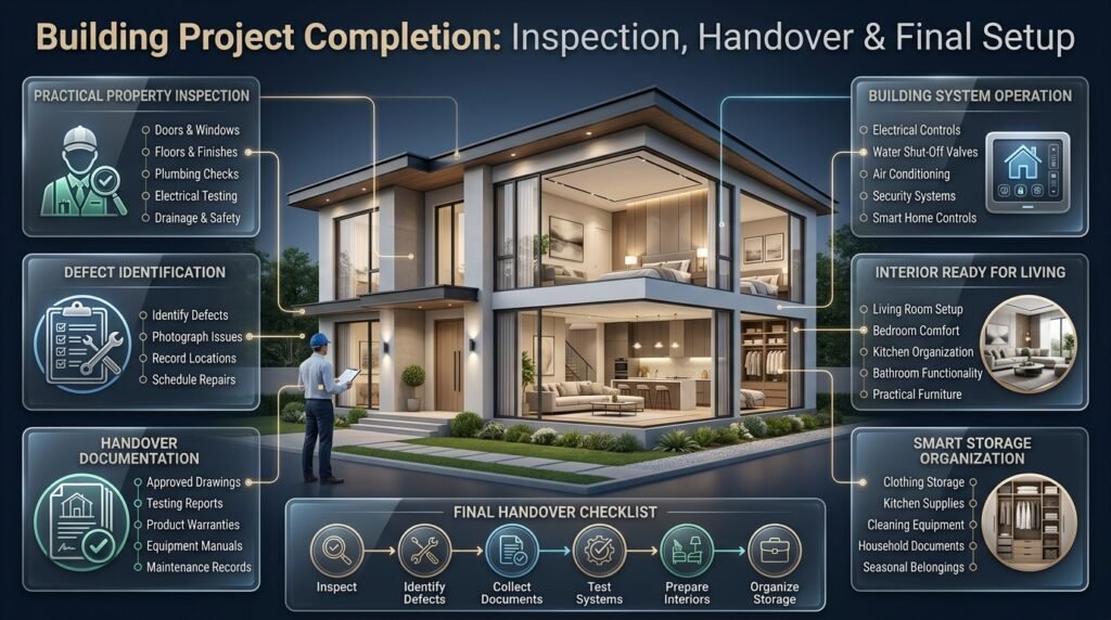 Building project completion featuring final property inspections, defect checks, handover documents, system testing, and interior setup.
