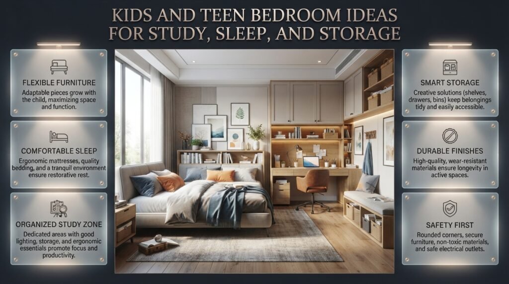 Kids and teen bedroom ideas featuring adaptable furniture, a cozy sleeping area, organized study desk, practical storage, and age-appropriate decor.
