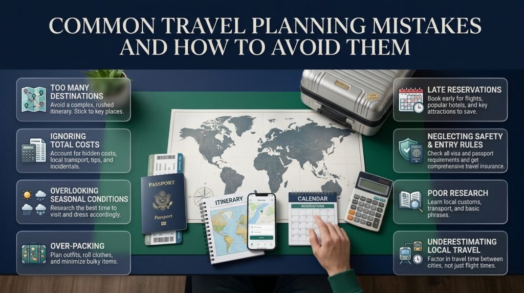 Common travel planning mistakes infographic showing rushed itineraries, overlooked travel costs, seasonal weather risks, late reservations, and missing safety or entry requirements.