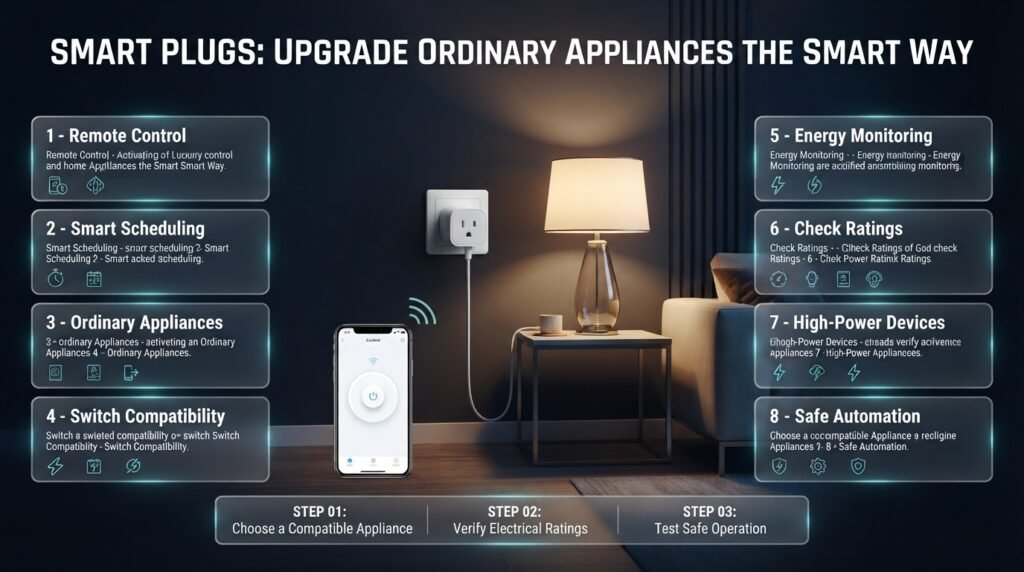 Smart plugs infographic showing remote-controlled lamps, scheduled lighting, compatible appliances, energy monitoring, and electrical safety precautions.