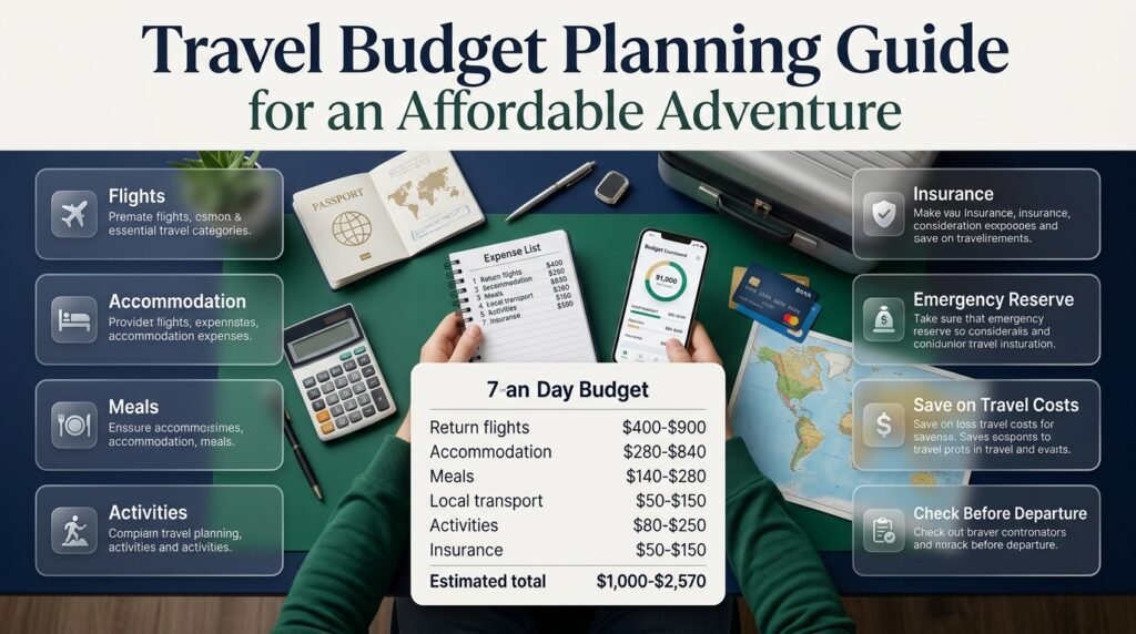 Travel budget planning infographic showing flight costs, accommodation, meals, local transport, activities, travel insurance, savings tips, and emergency funds for a seven-day trip.