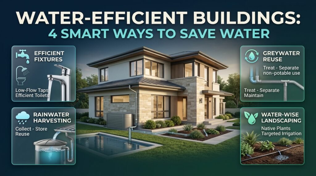 Water-efficient building infographic featuring low-flow fixtures, rainwater harvesting, greywater reuse, and water-wise landscaping for sustainable homes.