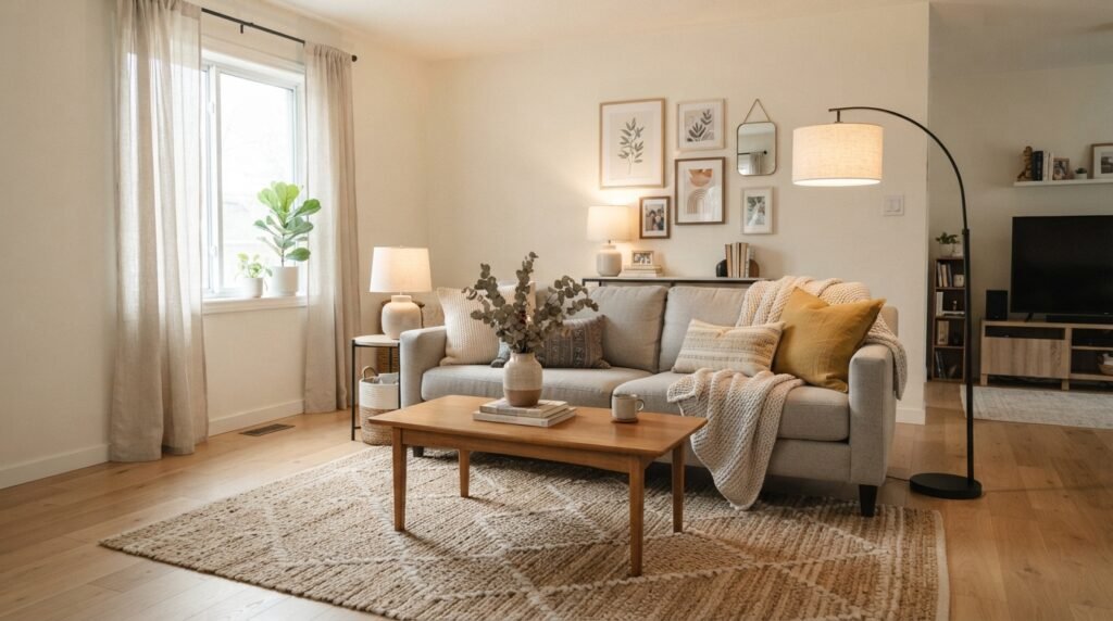 Budget-friendly living room ideas featuring rearranged furniture, refreshed upholstery, affordable lighting, secondhand decor, and practical storage.