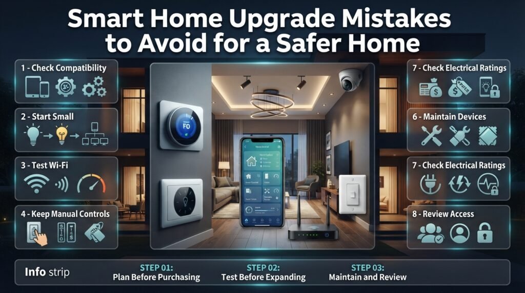 Smart home upgrade mistakes infographic highlighting device compatibility, Wi-Fi coverage, electrical safety, maintenance, subscriptions, and manual controls.
