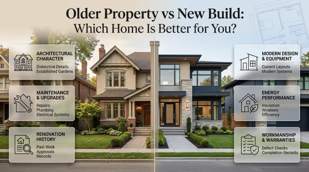 Side-by-side comparison of an older character home and a newly built modern house, highlighting architecture, construction quality, maintenance, energy efficiency, and value.