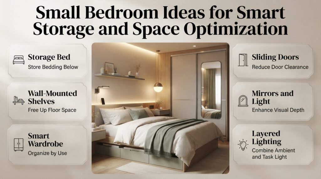 Small bedroom ideas featuring a storage bed, floating bedside shelves, organized wardrobe, full-length mirror, and layered lighting.