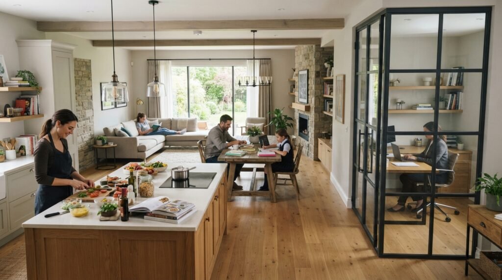 Family members using a modern open-plan home with a functional kitchen, comfortable living room, dedicated workspace, and clear walking paths.