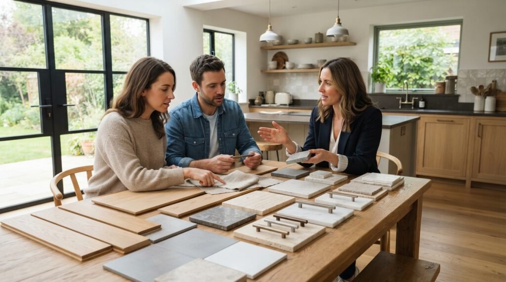 Homeowners and designers selecting wood, porcelain tile, stone, glass, metal, and fabric samples for a modern interior renovation.