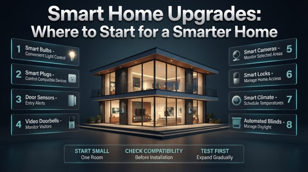 Smart home upgrades infographic featuring smart bulbs, plugs, door sensors, security cameras, smart locks, climate controls, and automated blinds.