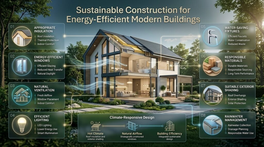 Sustainable construction featuring roof insulation, energy-efficient windows, natural ventilation, solar shading, water-saving fixtures, and eco-friendly materials.