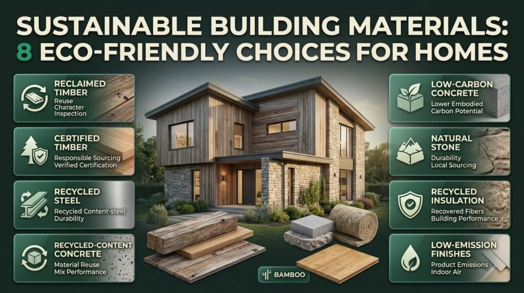 Sustainable building materials infographic featuring reclaimed timber, recycled steel, low-carbon concrete, natural stone, bamboo, and eco-friendly insulation.