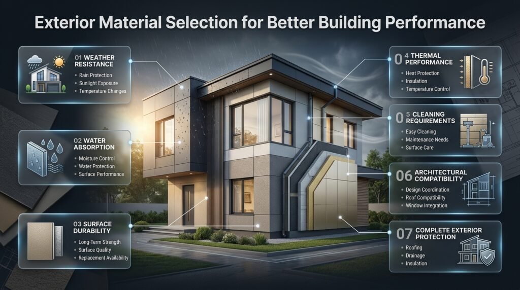 Modern building exterior materials showcasing weather resistance, water protection, thermal performance, durable facades, and exterior finishes.