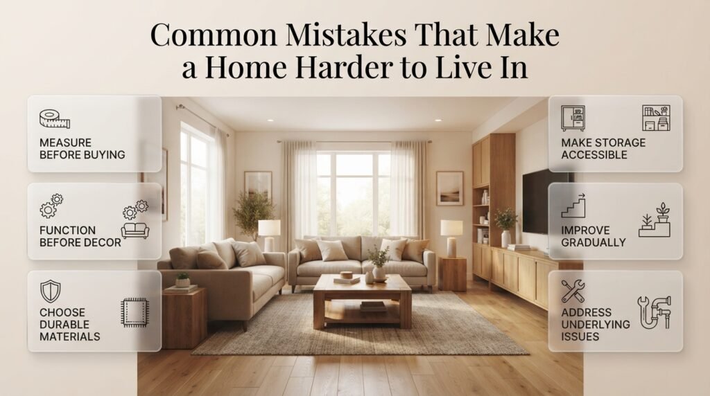 Common home design mistakes including oversized furniture, cluttered surfaces, poor storage, impractical decor, and neglected home maintenance.