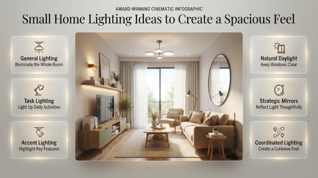 Small home lighting ideas featuring layered ceiling lights, reading lamps, wall sconces, natural daylight, and mirrors in a bright modern interior.