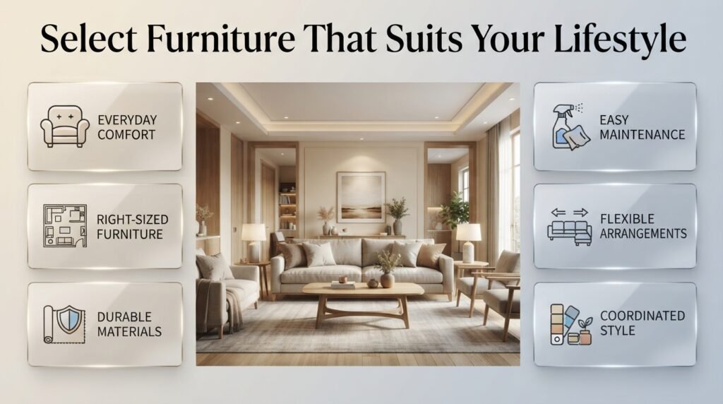 Choose practical home furniture with a comfortable sofa, supportive dining chairs, durable upholstery, natural wood finishes, and a functional layout.