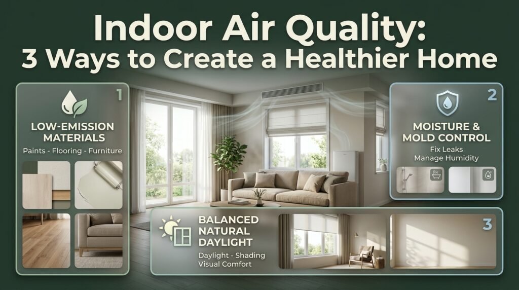 Indoor air quality infographic featuring low-emission materials, mold prevention, proper ventilation, humidity control, and natural daylight in a healthy home.