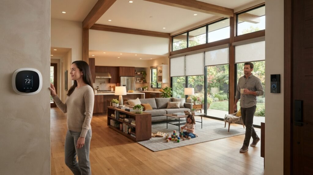 Family using smart home technology with automated lighting, motorized blinds, a smart thermostat, and a video doorbell in a modern home.
