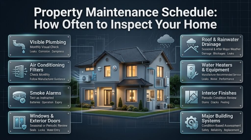 Property maintenance schedule infographic showing inspection intervals for plumbing, AC filters, smoke alarms, windows, roofing, and building systems.