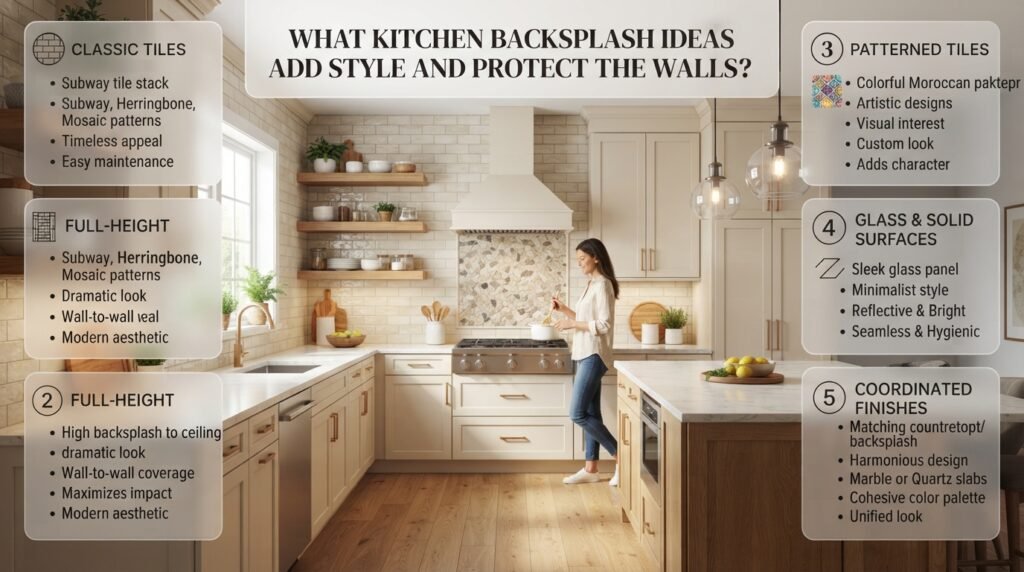 Kitchen backsplash ideas featuring subway tiles, full-height stone, patterned tiles, glass panels, and coordinated countertop finishes.