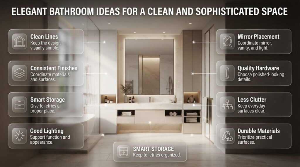 Elegant bathroom ideas featuring clean lines, coordinated finishes, smart storage, strategic mirrors, quality hardware, and layered lighting.