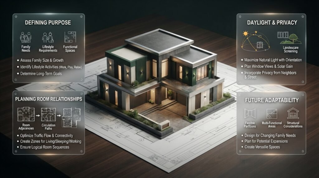 Building design planning infographic showing a modern home model, room layout decisions, natural lighting, ventilation, privacy, and future needs.