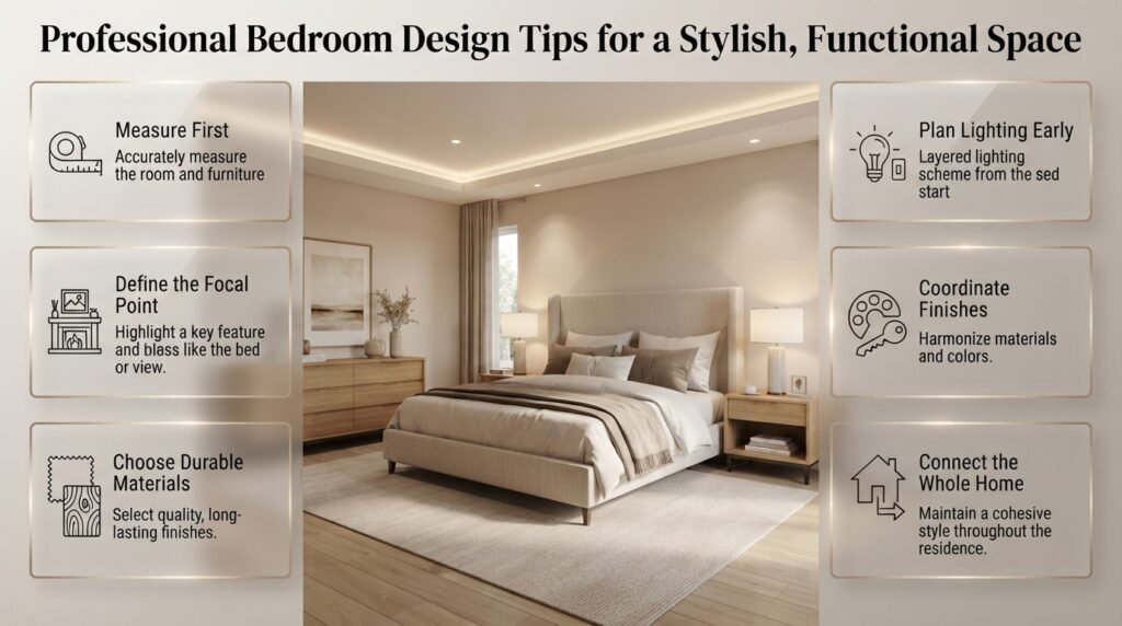 Professional bedroom design tips featuring measured furniture placement, a defined focal point, durable materials, layered lighting, and coordinated interior colors.