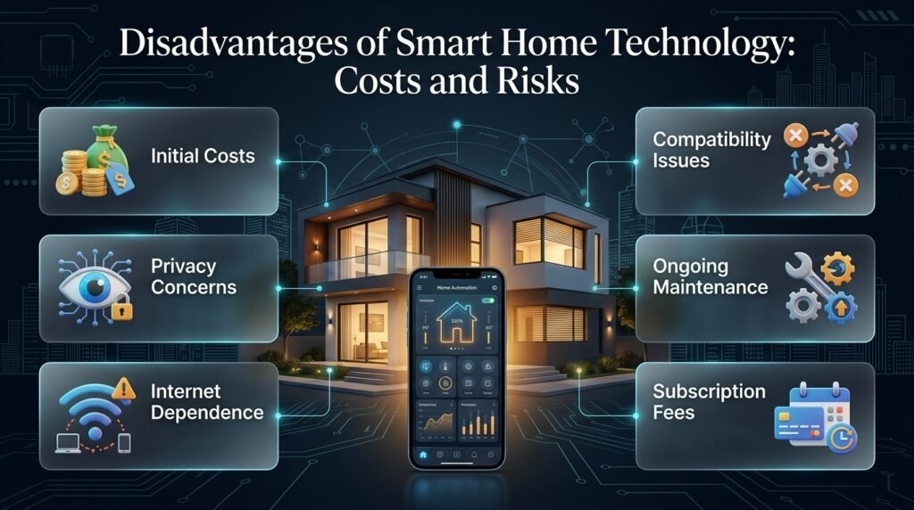 Disadvantages of smart home technology infographic illustrating privacy concerns, cybersecurity risks, setup costs, compatibility issues, internet dependence, and device maintenance.